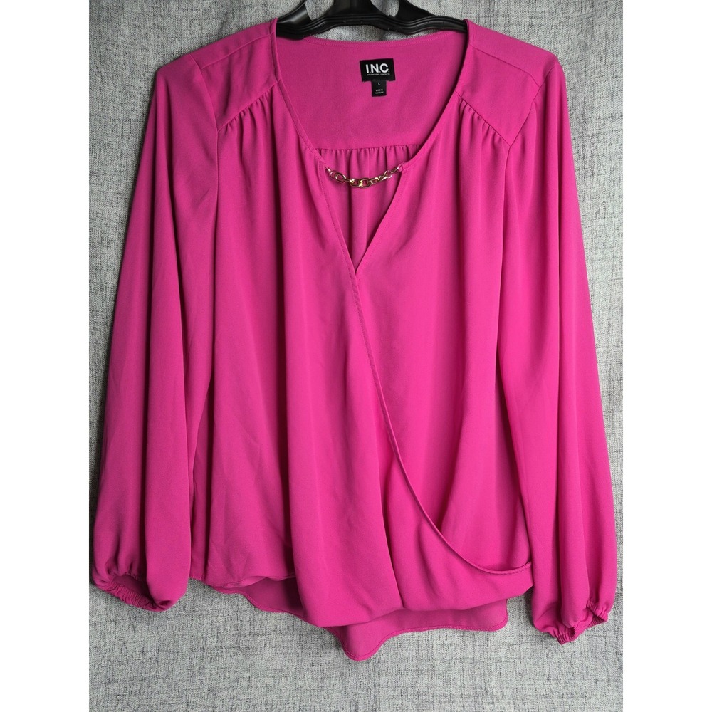 INC Intl Concepts Ladies Large Faux Wrap Career Dressy Top Long Sleeve Chain